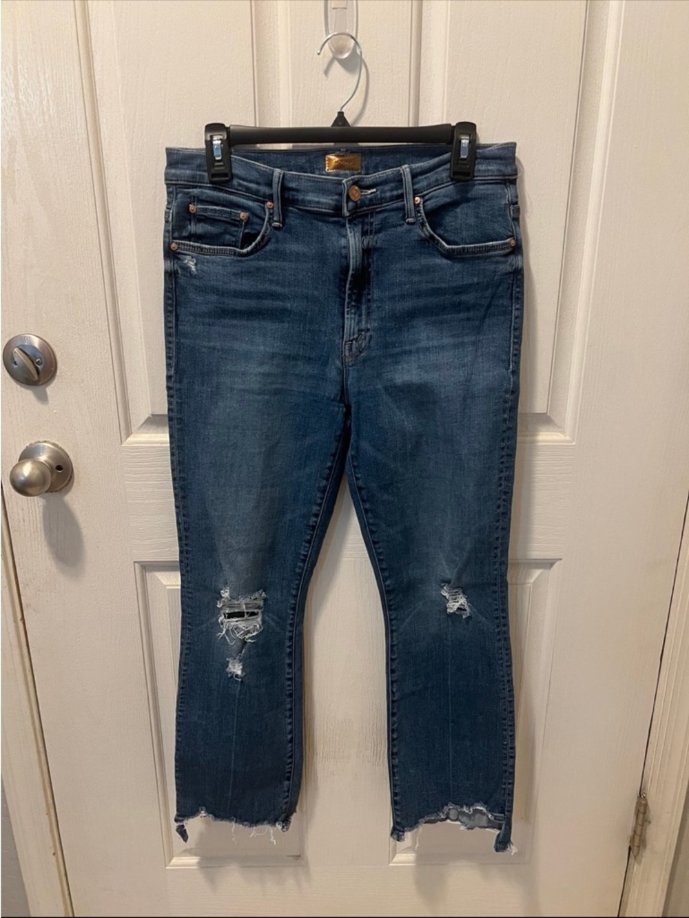 MOTHER Dark Blue Distressed Cropped Jeans